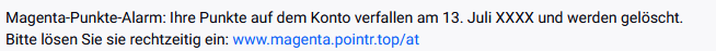 Screenshot einer Phishing SMS zu vermeintlich verfallenden Punkten.