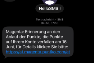 Screenshot von Phishing SMS, die dazu auffordert Punkte einzulösen.