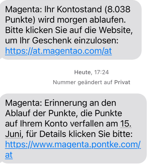 Screenshot von Phishing-SMS die auf vermeintlich ablaufende Punkte hinweist.